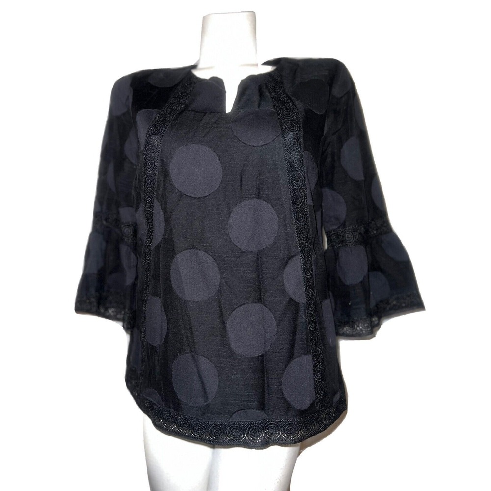 Chico's Black Polka Dot Crochet Lace Trim Bell Sleeve Blouse Top Size 0 US 4/6